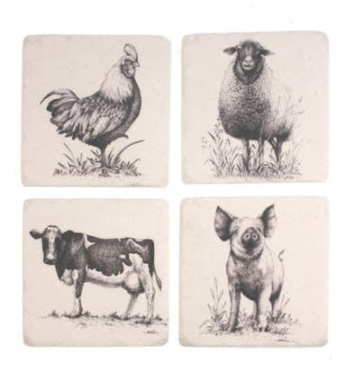 Coasters - Set of 4 - Farm Animals - Rooster Sheep Cow Pig - 10 x 10 x 1 cm - Polystone/Cork