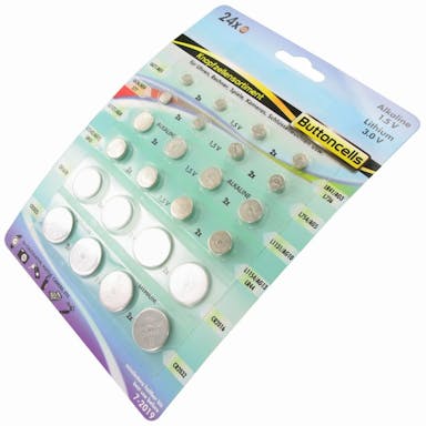 24 alkaline and lithium button cell batteries sorted in a set