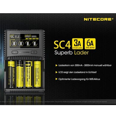 Nitecore SC4 snellader geschikt voor bijna alle Li-ion, NiMH en LiFEPO4 batterijen