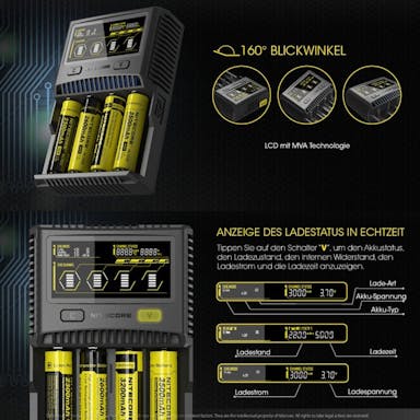 Nitecore SC4 snellader geschikt voor bijna alle Li-ion, NiMH en LiFEPO4 batterijen