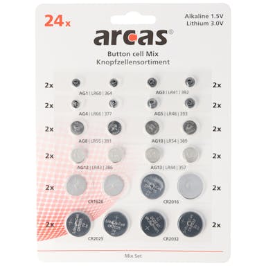 24 alkaline and lithium button cell batteries sorted in a set