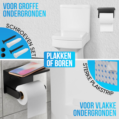 Strex WC Rolhouder met Plankje - Zwart - Zelfklevend / Boren / Zonder Boren - Toiletrolhouder - WC