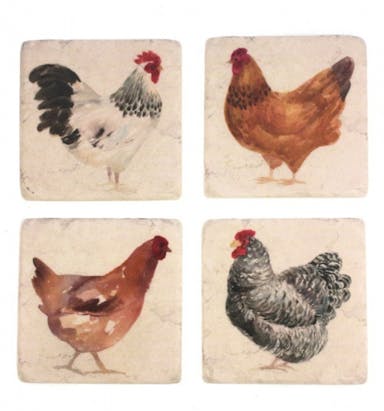 Coasters - Set of 4 - Chicken/Rooster - 10 x 10 x 1 cm - Polystone/Cork