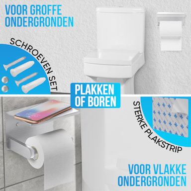 Avalo WC Rolhouder met Plankje - Zilver - Zelfklevend / Boren / Zonder Boren - Toiletrolhouder - WC