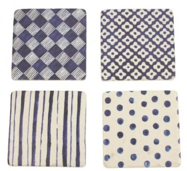 Coasters - Set of 4 - Blue/White - 10 x 10 x 1 cm - Polystone/Cork