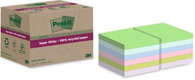 Post-it Super Sticky Notes Recycled, 70 vel, ft 76 x 76 mm, assorti, pak van 12 blokken