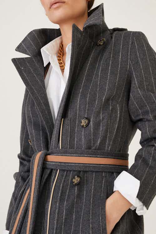 Rain Couture Maxi double breasted wrapcoat - Grey Wool Stripe